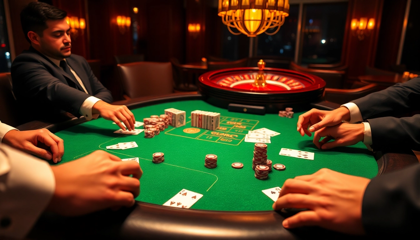 Experience the thrill of gambling at https://kk55.fit/ with an exciting casino scene showcasing players at a vibrant gaming table.