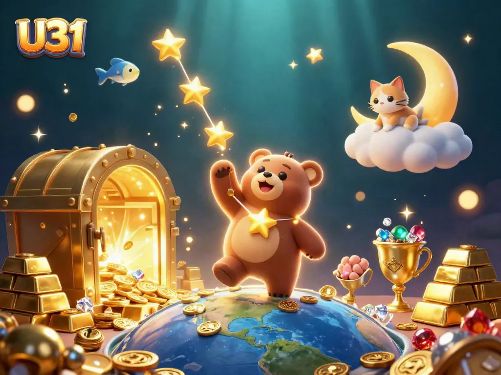 Experience U31's vibrant online casino adventure filled with golden treasures and whimsical characters.