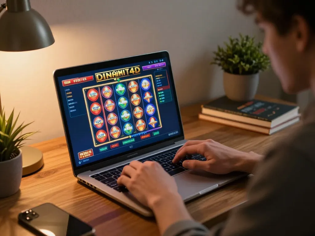 Engaged player navigating dinamit4d gaming interface on laptop with cozy ambiance.