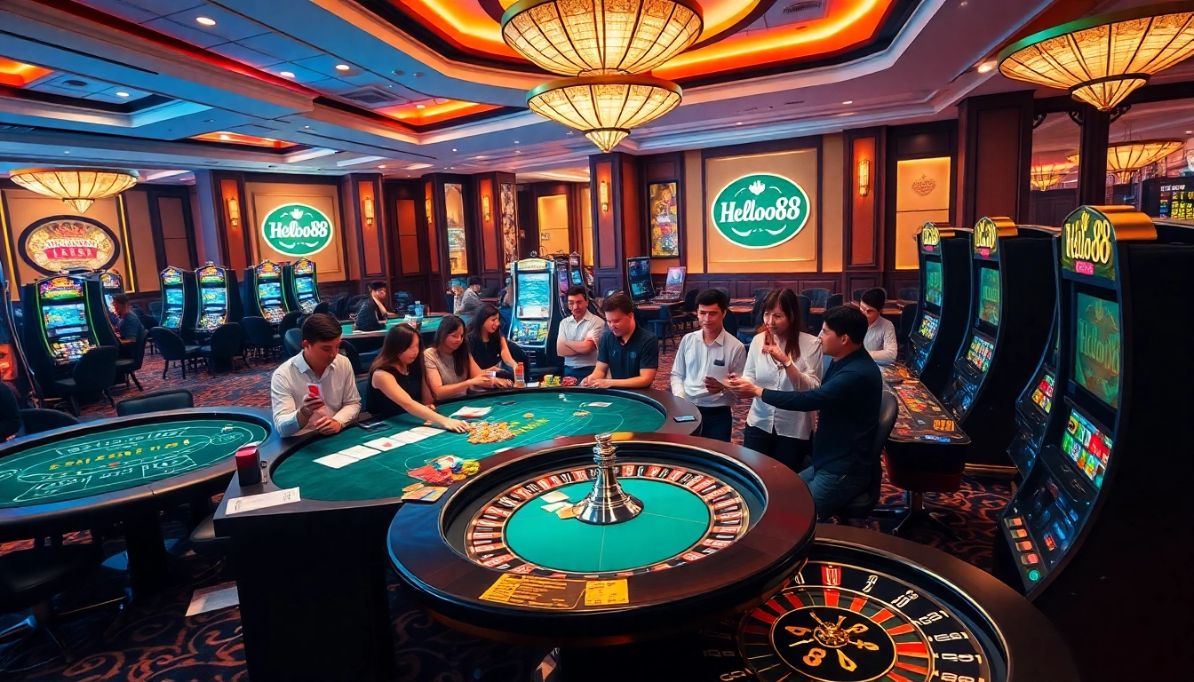 Players enjoying thrilling games at Helloo88 casino, featuring roulette wheels and slot machines.