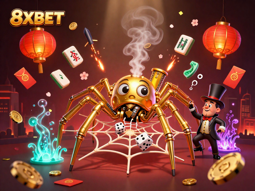 Immerse in 8XBET's vibrant casino scene with steampunk elements and colorful game icons.