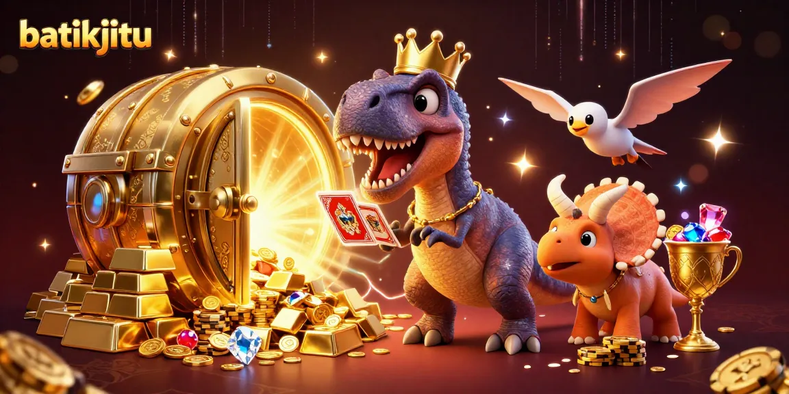 Batikjitu menghadirkan konsep kasino dengan T-Rex lucu bermain kartu dan t-rex mengumpulkan chip emas.