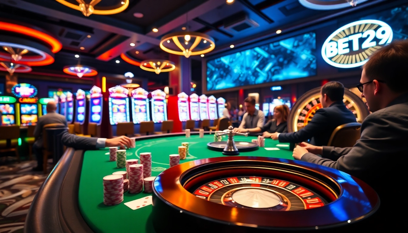 Experience the thrill of BET29 at a luxurious casino poker table with vibrant chips and cards.
