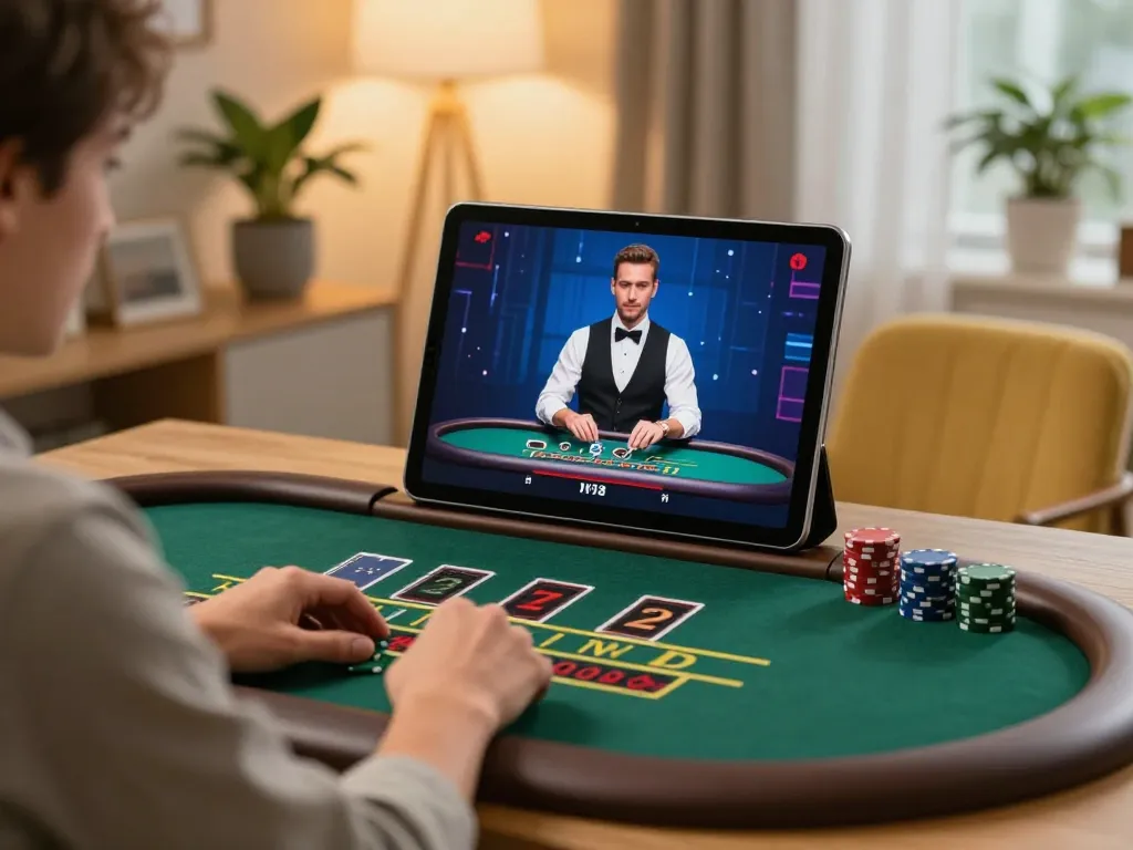 Engaging with live dealer blackjack on a tablet at home, enhancing bk8 online gaming experience.