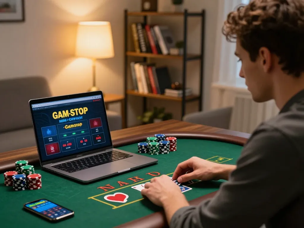 Player engaging in non gamstop online casino game on laptop in modern home office.