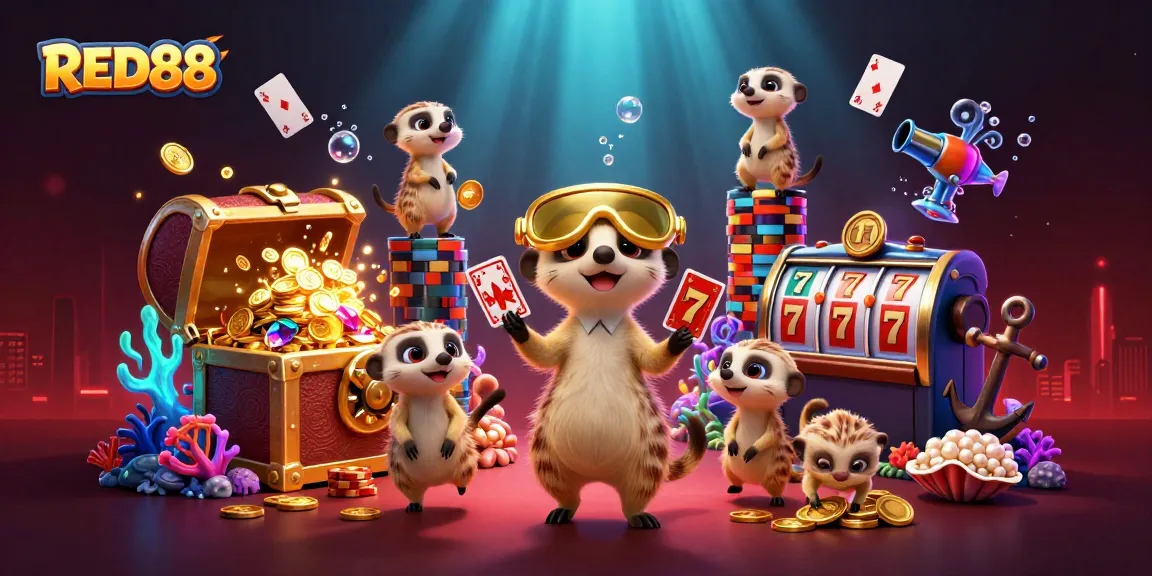 Engage in thrilling casino action with RED88's meerkat characters and vibrant gaming elements.
