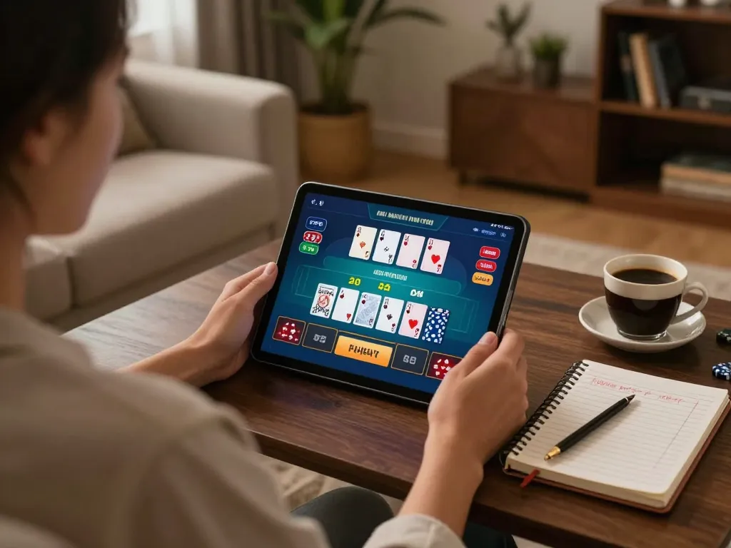 Bj88 player engaging in live dealer blackjack on a tablet, showcasing strategic gaming environment and cozy home setup.