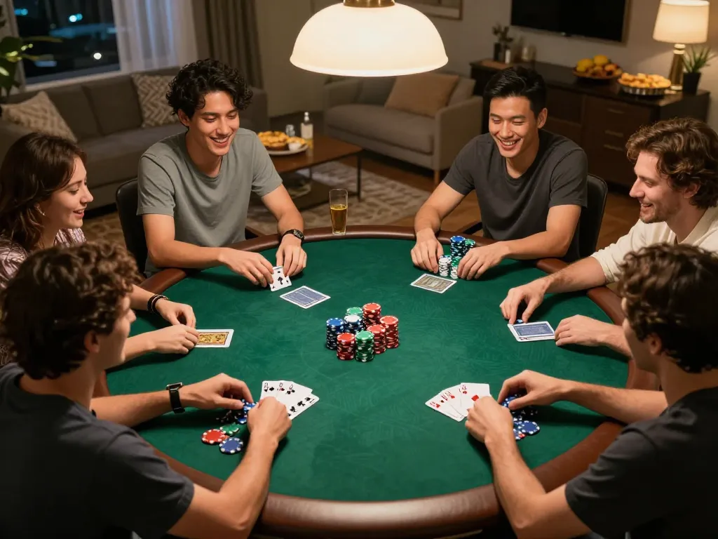 Friends enjoy an engaging poker night at home, centered around sg777 games with colorful chips and lively atmosphere.