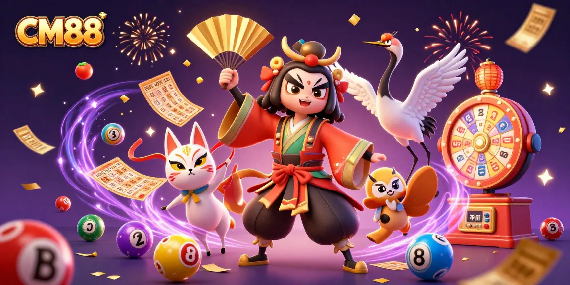 Experience the vibrant CM88 gaming world with the kabuki warrior and kitsune amidst festive lottery elements.