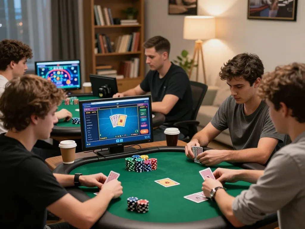 Players enjoy an interactive online poker session at home showcasing luck88com gaming strategy and engagement.