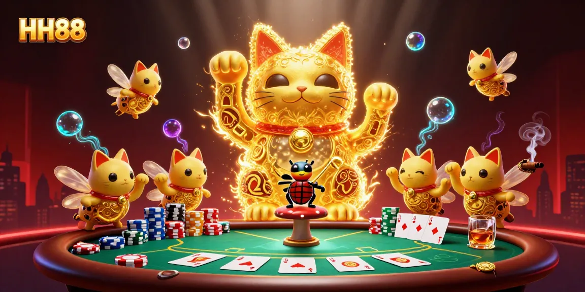 Engage in HH88's vibrant casino atmosphere featuring a lucky cat and golden fireflies.