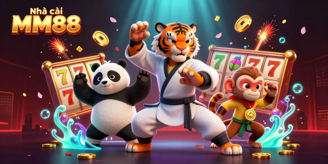 Engage with Nhà cái MM88 in this vibrant 3D slot game scene featuring cartoon characters and casino elements.