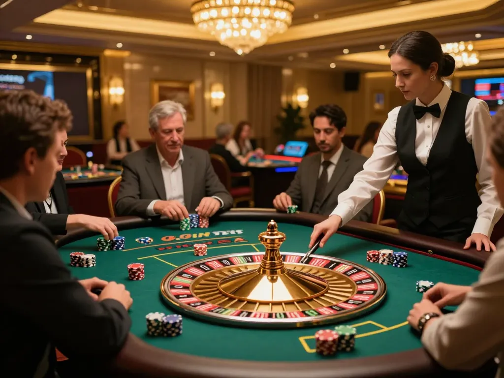 KONG88 roulette table with players enjoying a thrilling game amidst a luxurious casino atmosphere