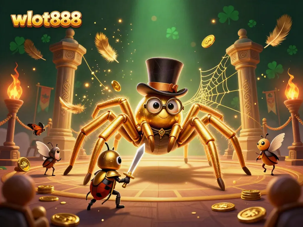 Menyaksikan wslot888, tarantula emas dan ksatria kumbang berjuang di arena kasino digital yang megah.