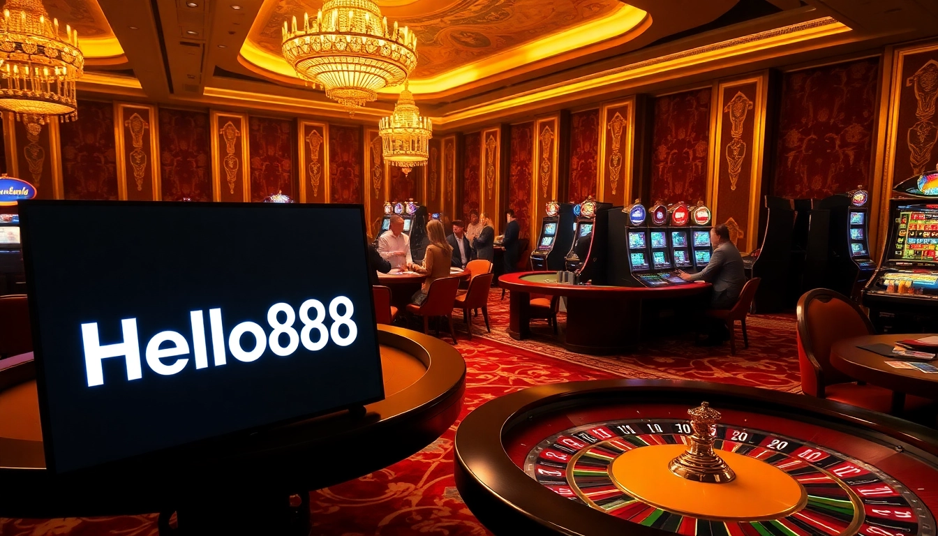 Hello88 casino scene with roulette, poker action, and vibrant gambling atmosphere.