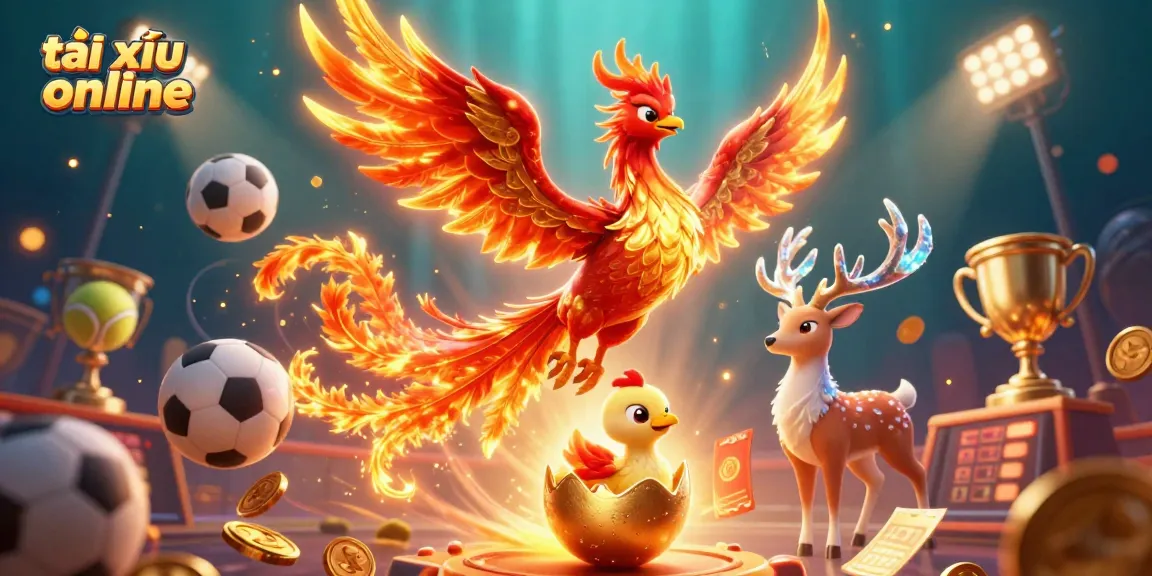 Engage in tài xỉu online with a vibrant scene featuring phoenixes, sports elements, and dynamic motion.