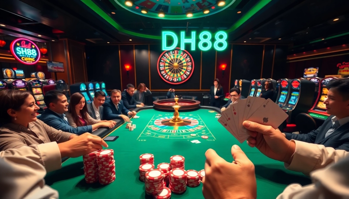 Players at a high-stakes poker game at DH88 casino showcasing excitement and strategy.