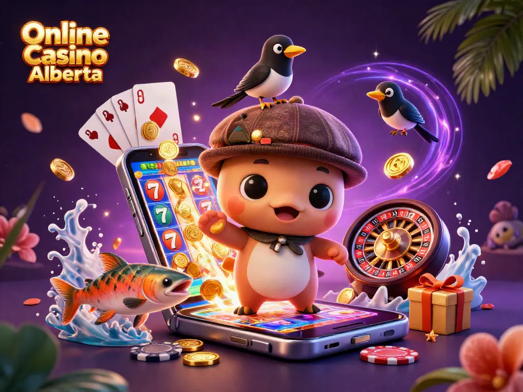 Experience thrilling slots and games at Online Casino Alberta with a playful cartoon scene.