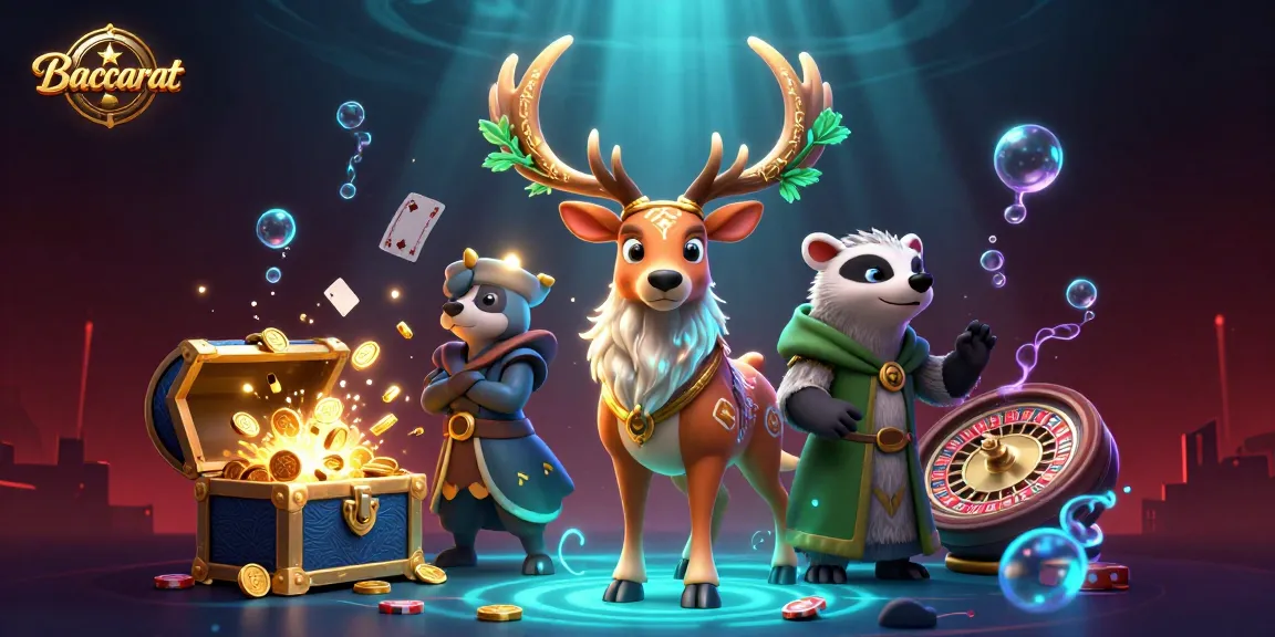 Baccarat gameplay illustration featuring a druid stag, a wise badger, and glowing casino elements.