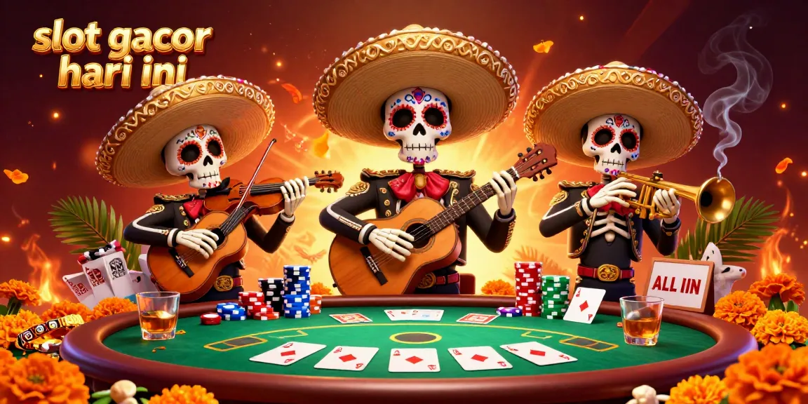 Rasakan sensasi slot gacor hari ini dengan tengkorak mariachi yang cerah, chip poker, dan elemen kasino yang kaya.