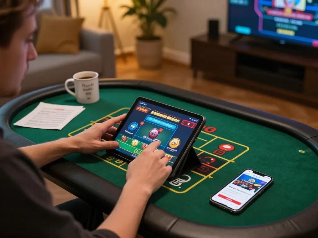 Player enjoying live dealer games on the king33 app, showcasing a cozy online gambling setup