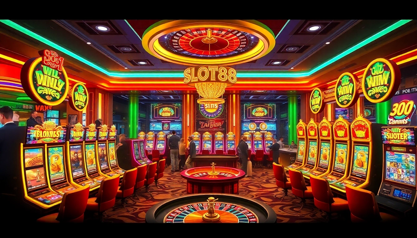 Engaging scene of players winning at slot88 machines in a luxurious casino.