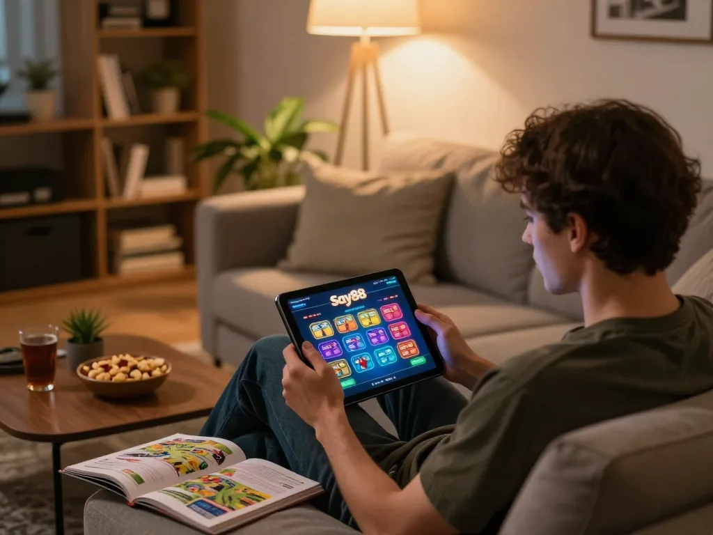 Engaging online gaming moment on Say88 app from a cozy home setup
