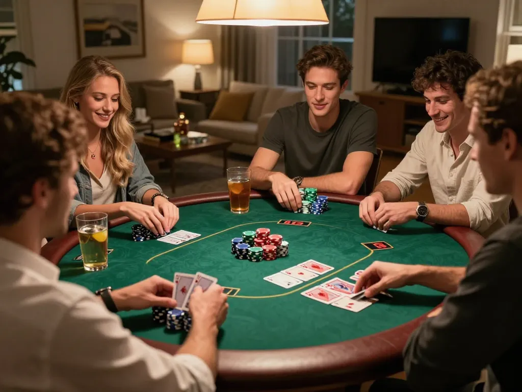 Players enjoying an exciting home poker night at Tempo123, showcasing vibrant chips and warm ambiance.