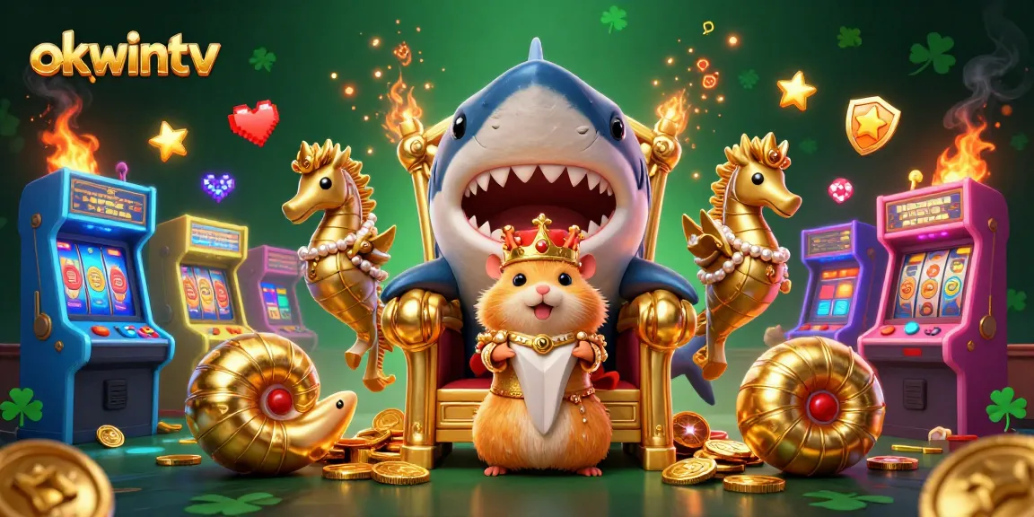 Experience OKWINTV's thrilling gambling action with a golden hamster king in a vibrant casino scene.