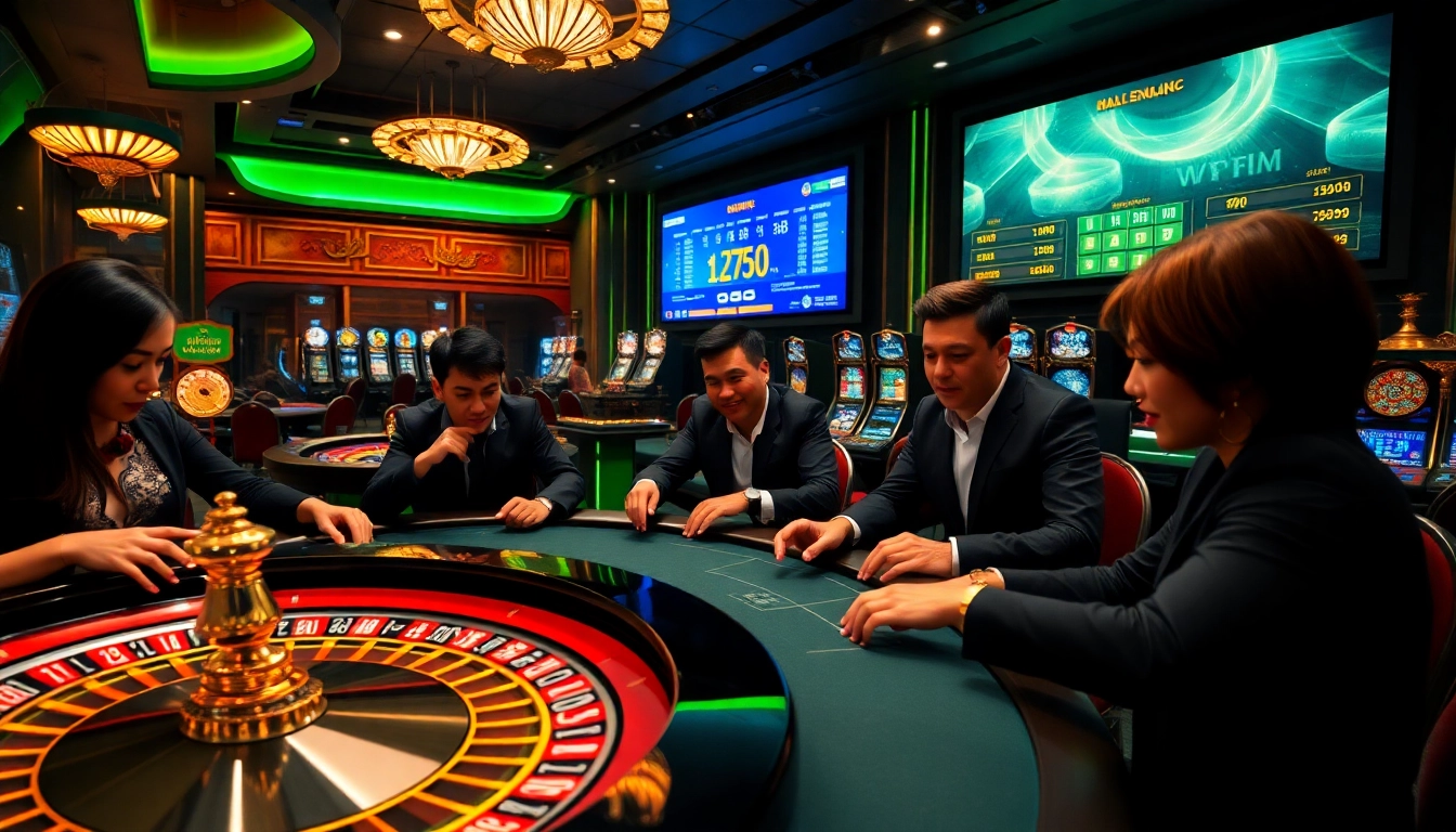 Experience the thrill of viral88 with players at a luxurious casino table, showcasing excitement and strategy.