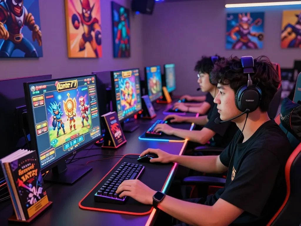 Exciting online gaming tournament with tante77 interface, diverse players at colorful gaming desks.