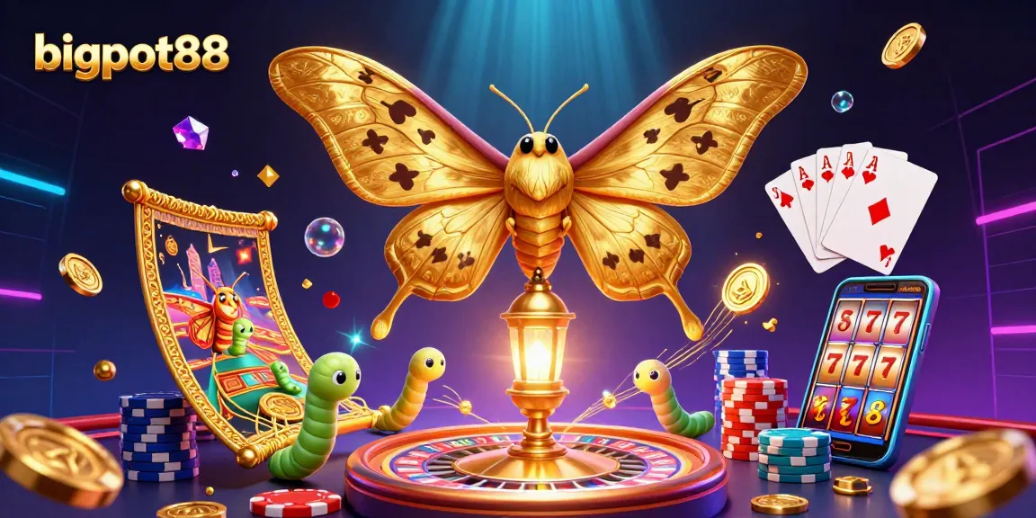 Engage with bigpot88's casino theme featuring an atlas moth amidst gold coins and vibrant gaming elements.