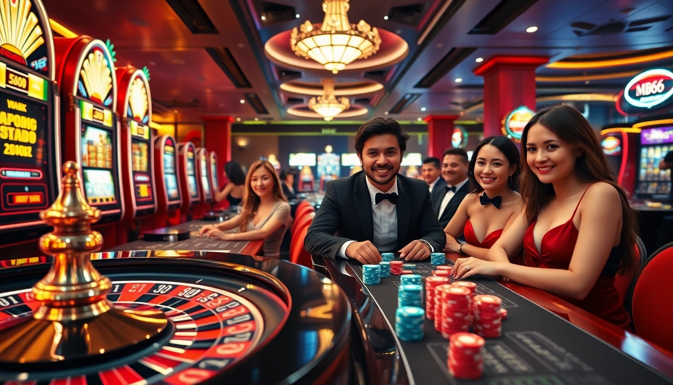Engaging scene of players at MB66 casino tables, enjoying high-stakes games and winning moments.