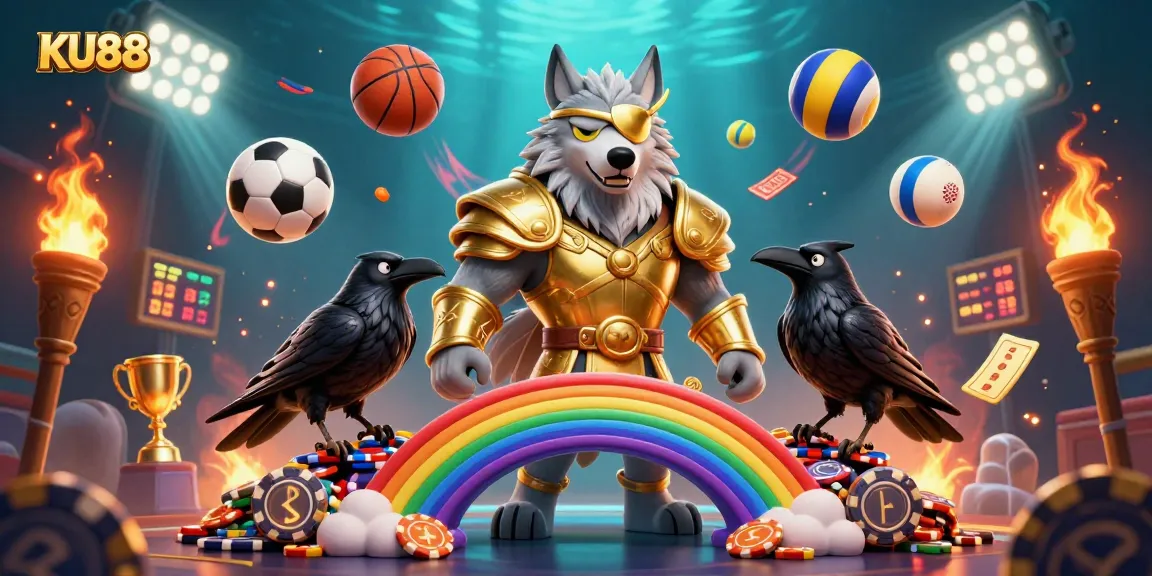 Engage in dynamic sports betting at KU88 with electrifying visuals of a Norse mythology-inspired casino.