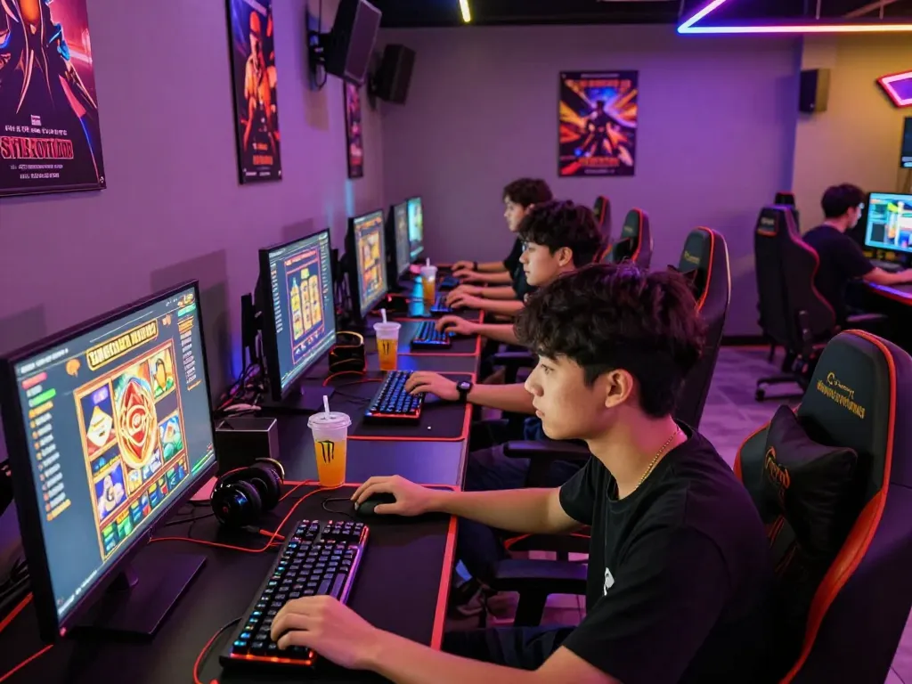 Muda-mudi terlibat dalam permainan menarik di lounge permainan situs slot gacor dengan cahaya LED yang cerah.