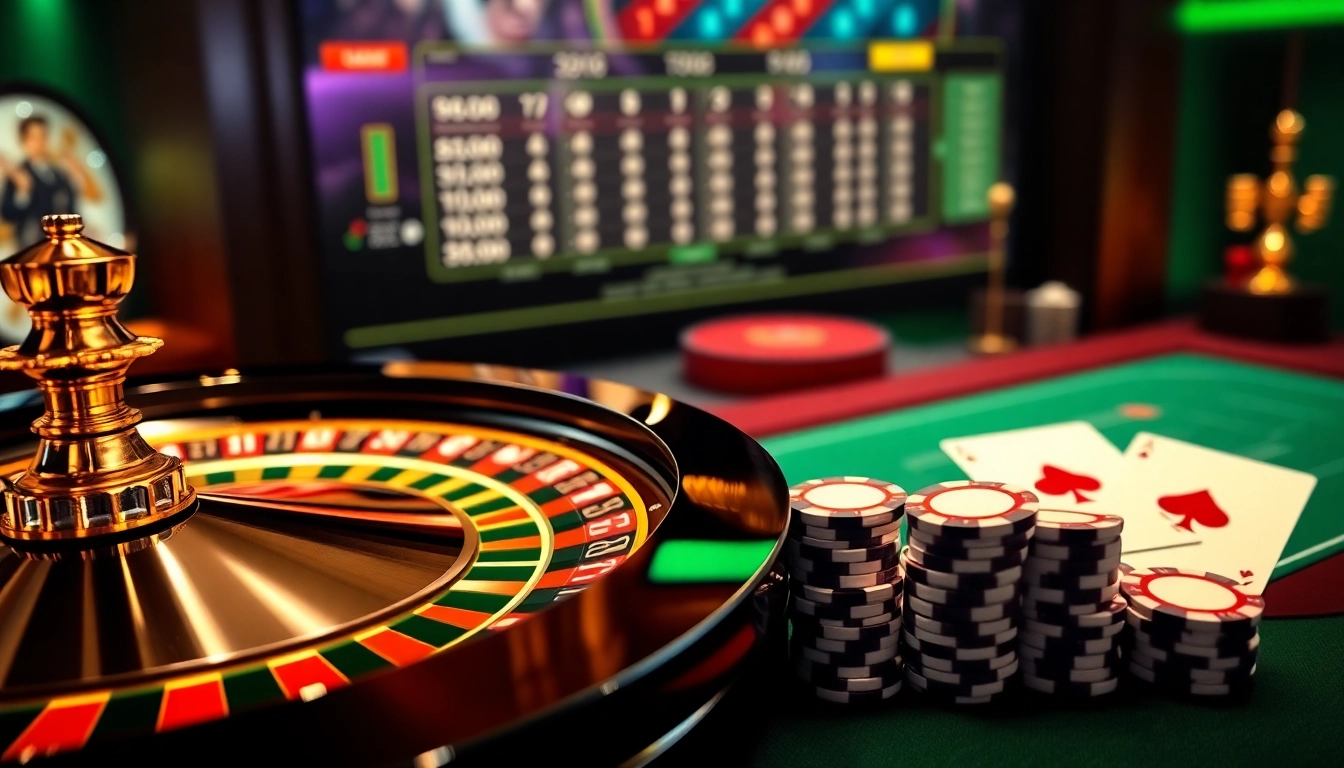 Experience top-tier gaming action at 789F rico with vibrant casino elements like a roulette wheel and poker chips.