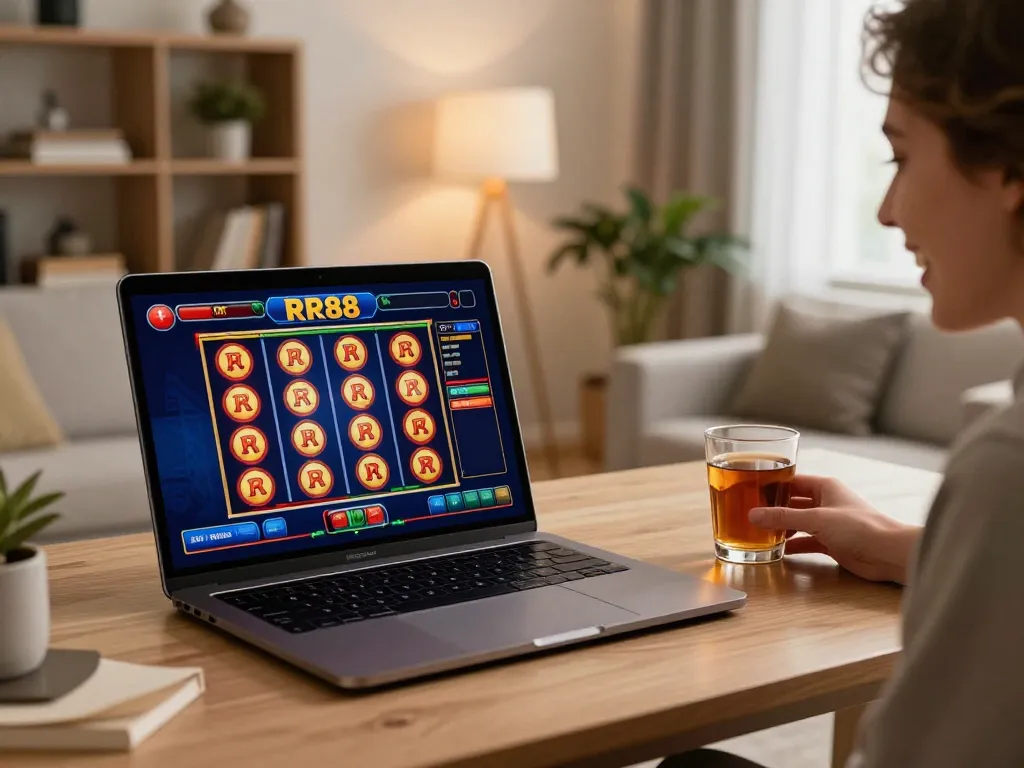 Engaged player enjoying RR88 SELECT online casino gaming on a stylish laptop at home.