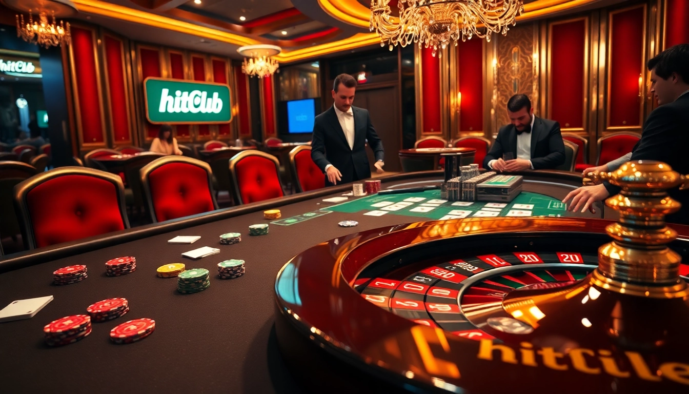 Engage at the Hitclub casino table with vibrant poker chips, exciting games, and a luxurious atmosphere.