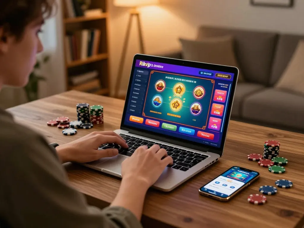 Engaging online gambling with a user enjoying Rikvip's casino games on a laptop.