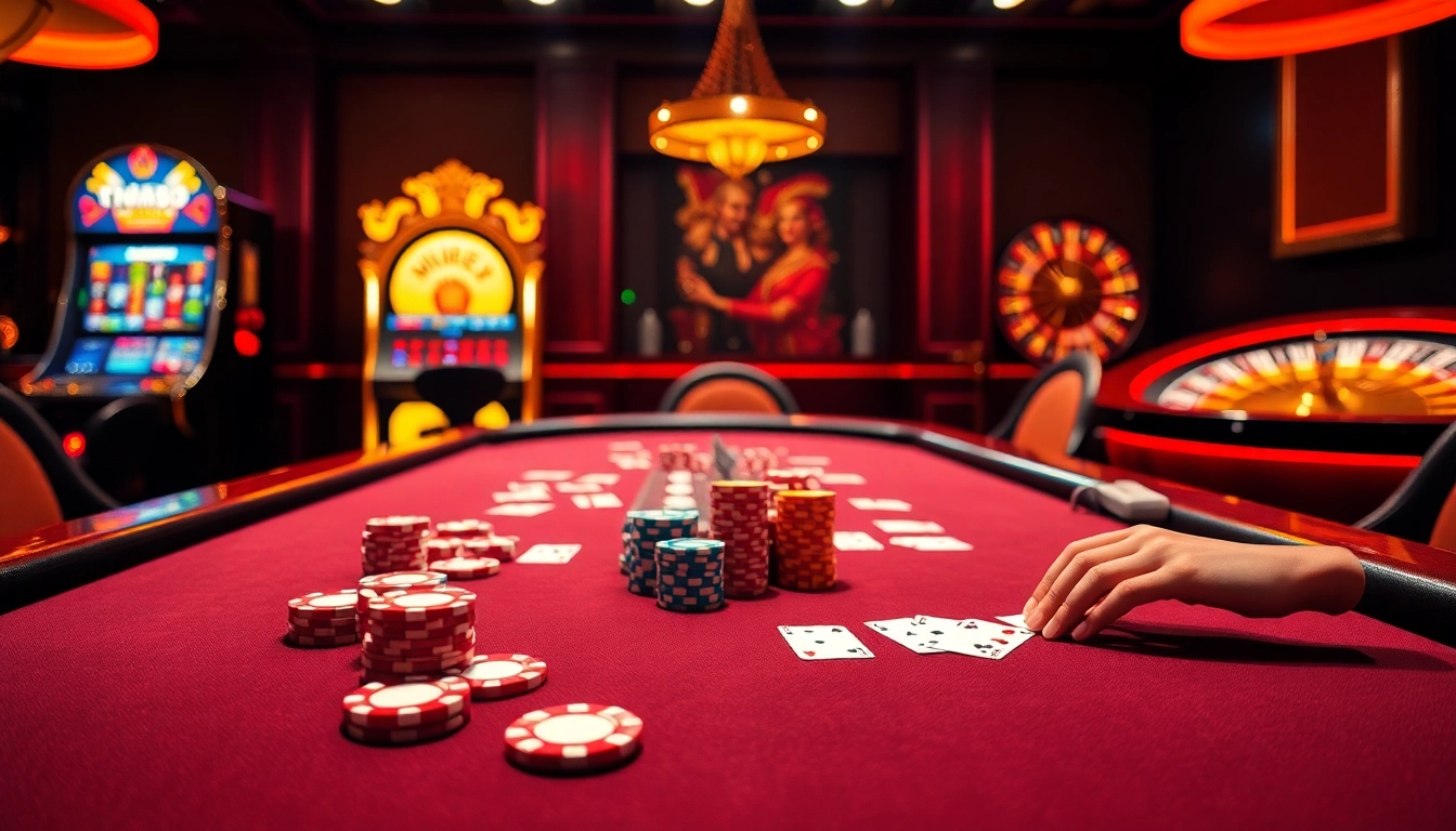 Players engaging at an exciting MM88 poker table with vibrant chips and cards.