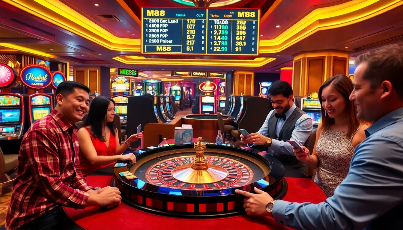 Players enjoy thrilling games at the M88 casino, featuring roulette and vibrant slot machines.