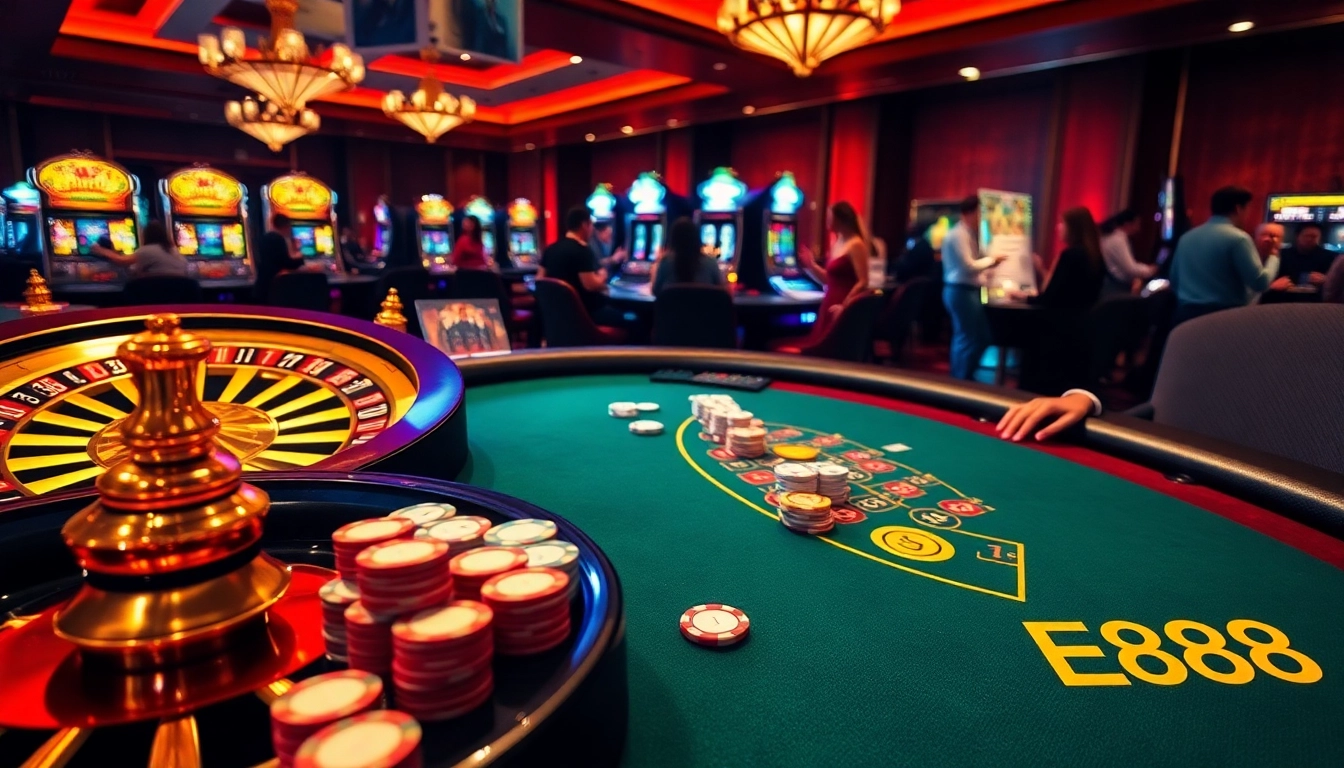 Players enjoying a dynamic casino experience featuring EE88 table games and vibrant gambling elements.