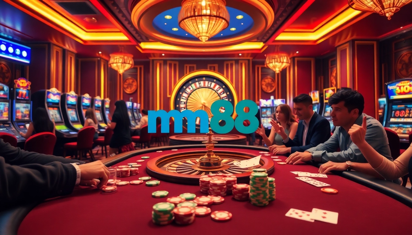 Engaged players enjoying the mm88 casino experience at a vibrant poker table with chips and cards.