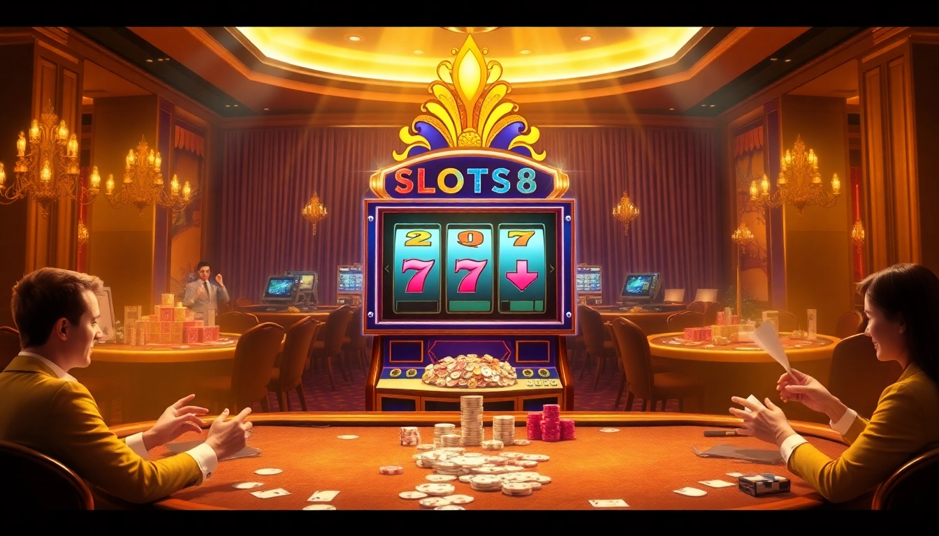 SLOTS8 slot machine surrounded by excited players in a luxurious casino setting.