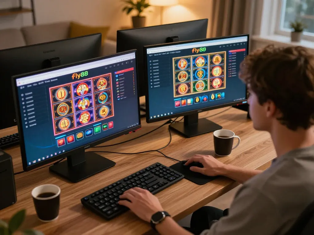 Engaging gameplay on fly88 at a modern gaming setup, showcasing vibrant casino screens