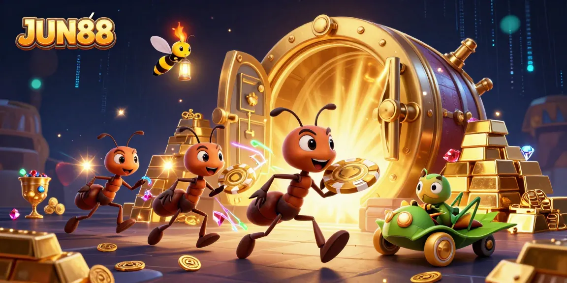 Experience thrilling action with JUN88 as ants steal a giant poker chip in a vibrant casino scene.