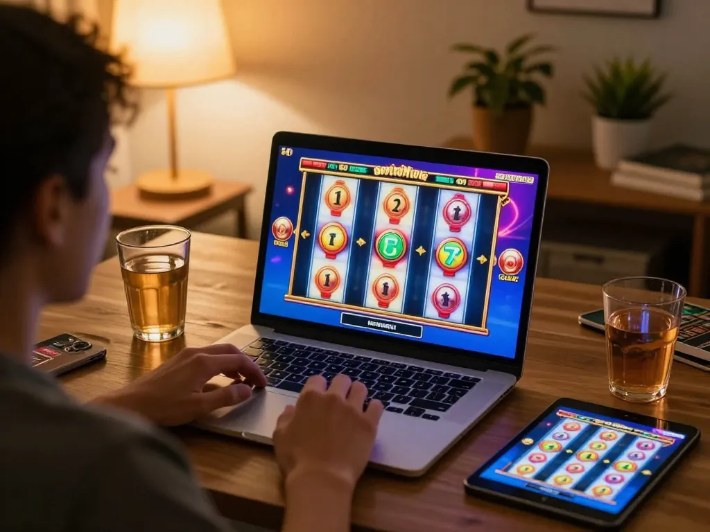 vin88 online casino experience with engaging slot games on a laptop in a cozy home environment
