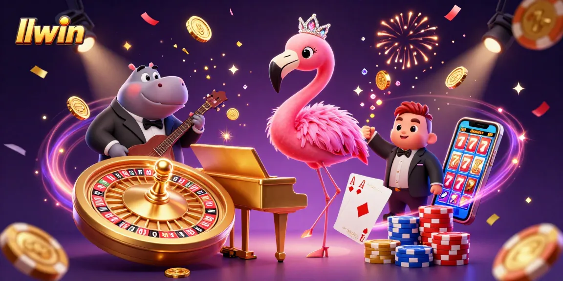 llwin reveals a vibrant casino scene with a flamingo singer, hippo bassist, and rich gaming elements.