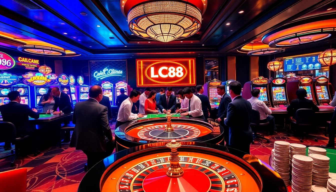 Engaging players at an LC88 casino table with vibrant colors and gambling excitement.