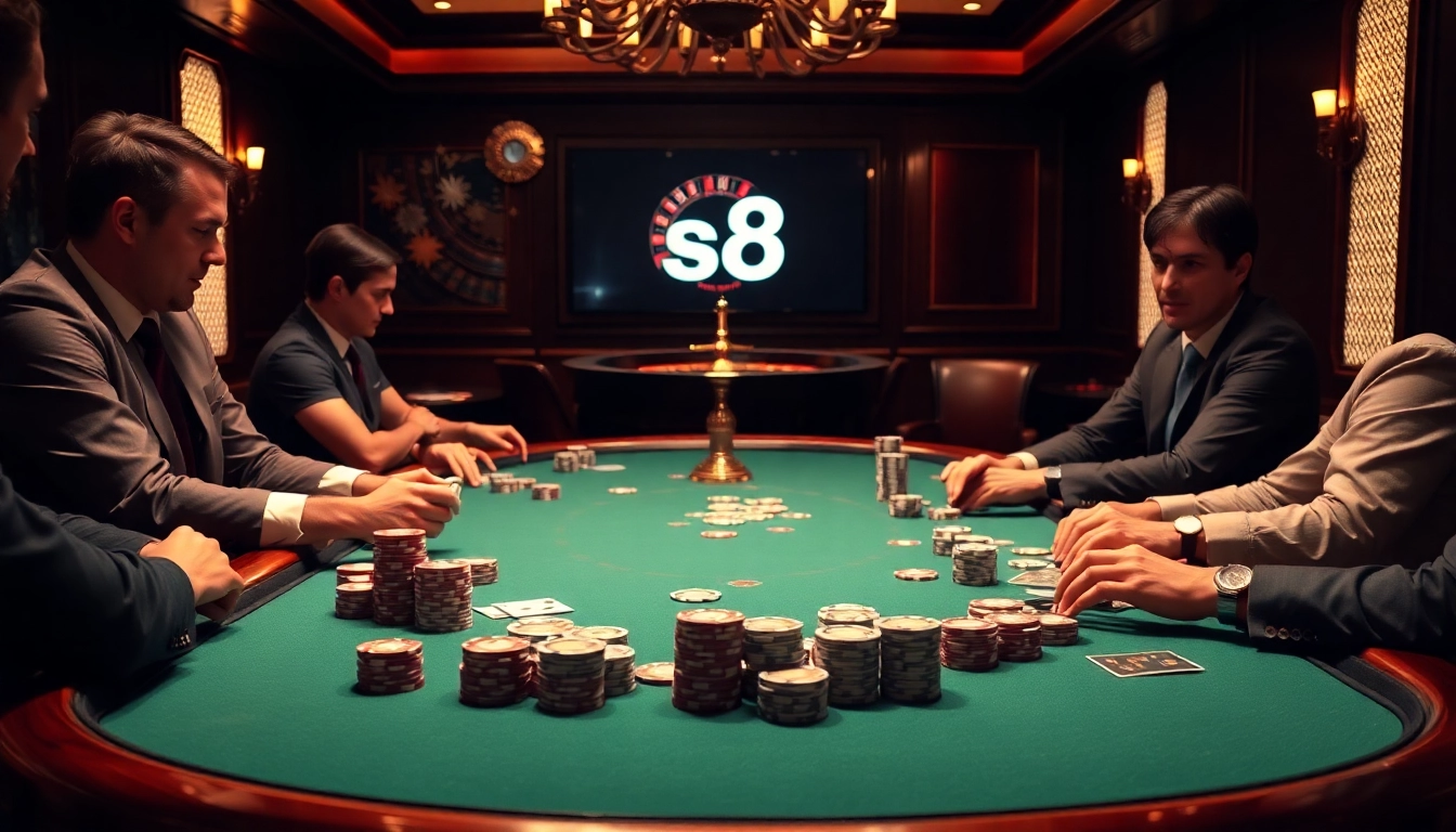 Players at the poker table engaged in a high-stakes game featuring the keyword s8 on digital display.